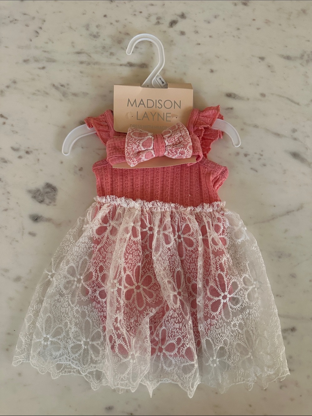 Madison Pink Knit Bodice Dress with White Lace Overlay